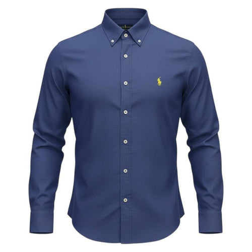 Camisa Ralph Lauren Masculina Linho cor Azul Naval Pony Amarelo