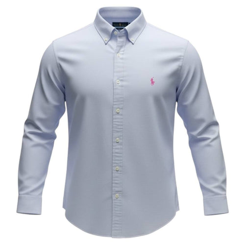 Camisa Ralph Lauren Masculina Linho cor Azul Bebê Pony Rosa