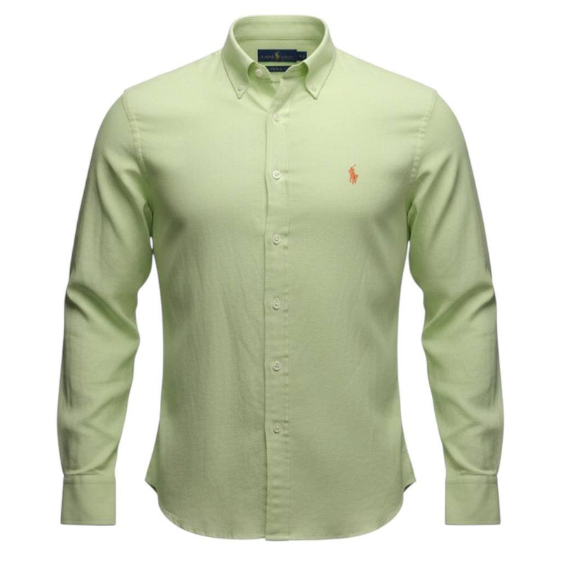 Camisa Ralph Lauren Masculina Linho cor Verde Limão Pony Laranja