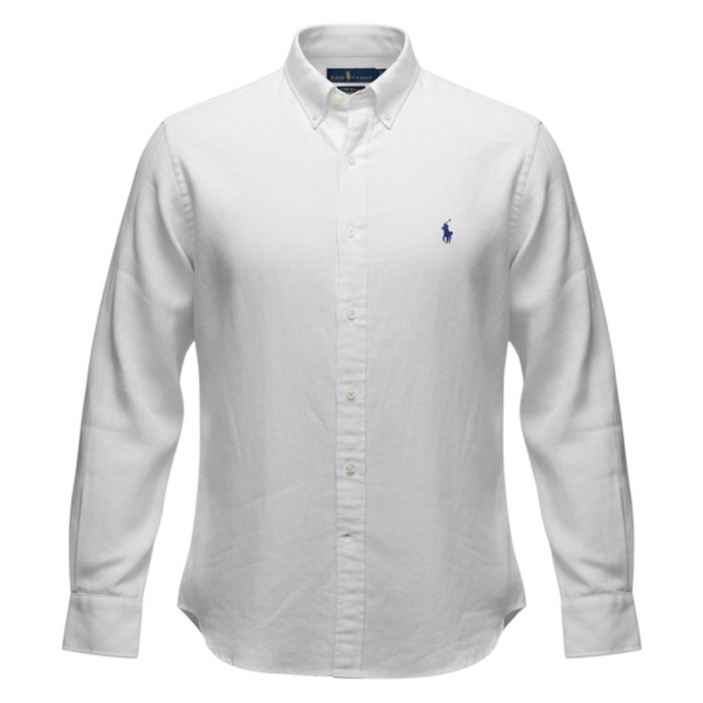 Camisa Ralph Lauren Masculina Linho cor Branca Pony Marinho