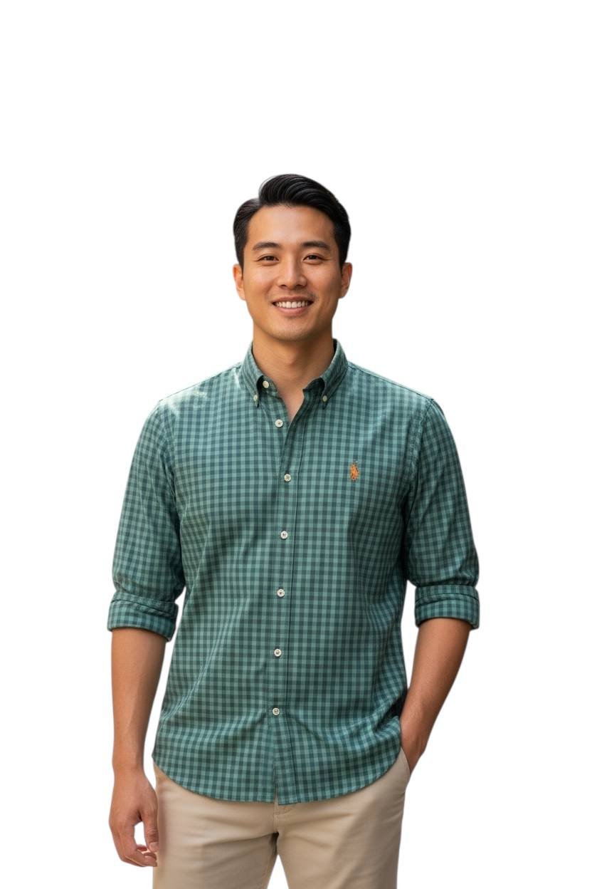 Camisa Ralph Lauren Masculina Xadrez Verde Pony Laranja