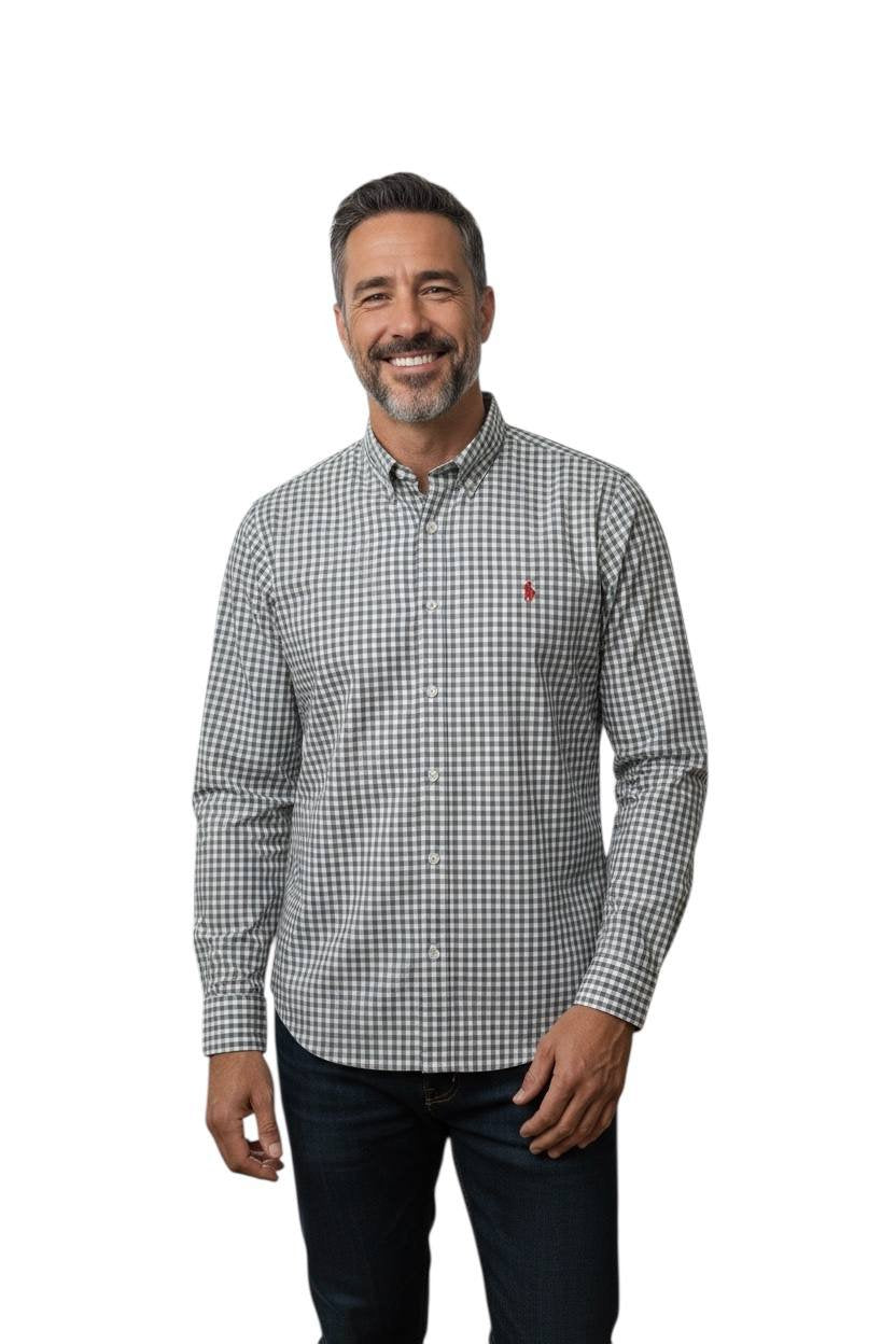 Camisa Ralph Lauren Masculina Xadrez Cinzento Pony Vermelho