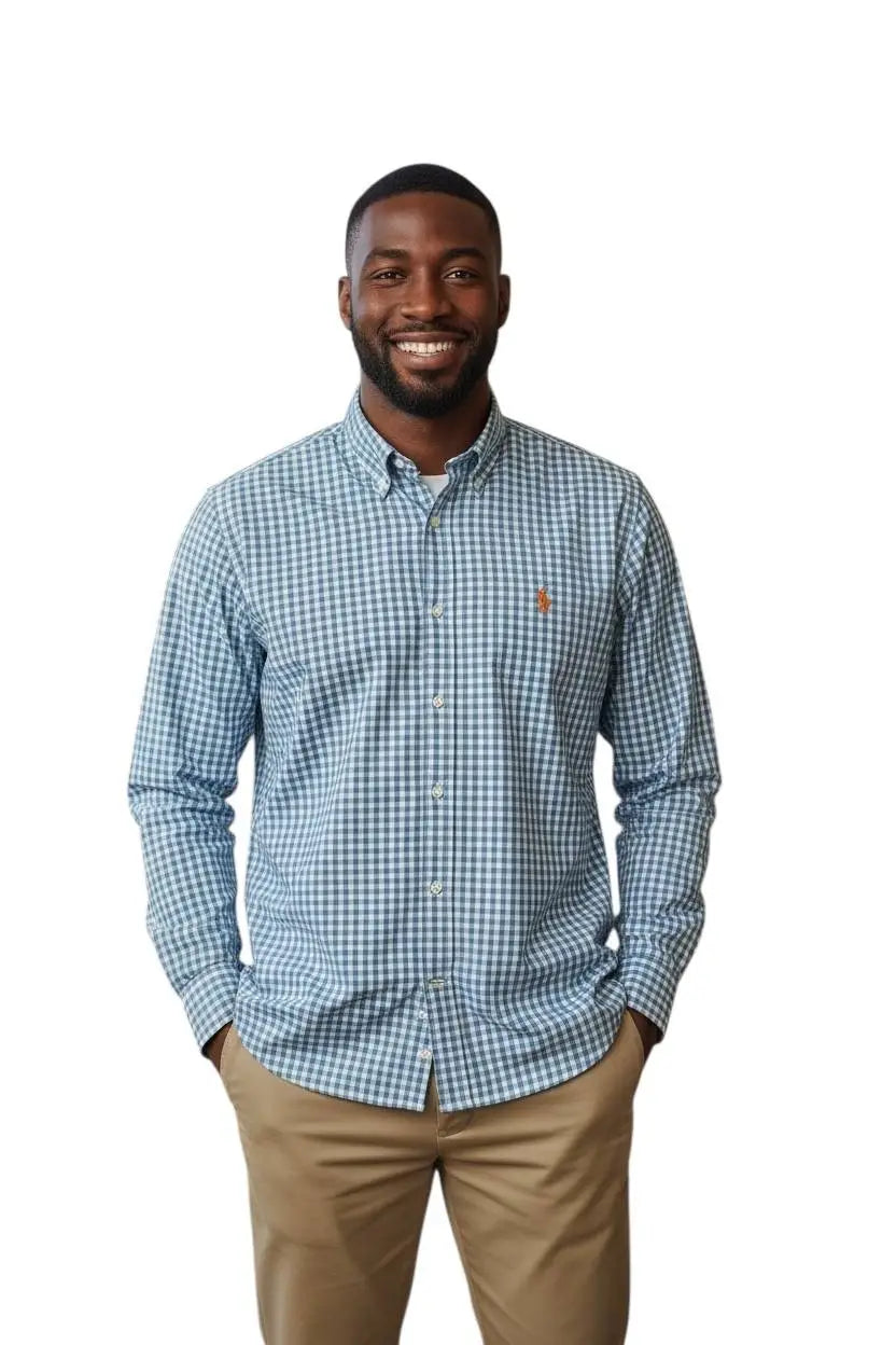 Camisa Ralph Lauren Masculina Xadrez Cinzento Pony Laranja