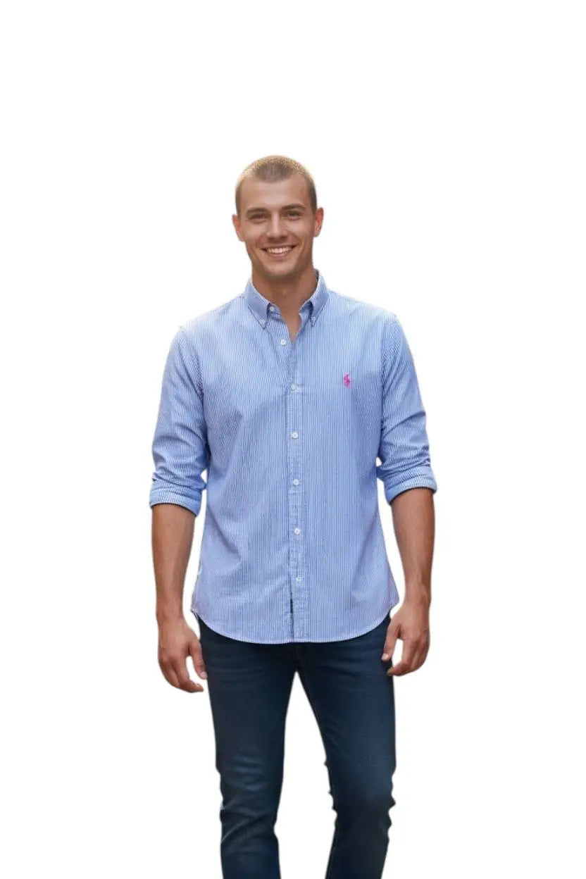 Camisa Ralph Lauren Masculina Azul Listras Executiva Pony Rosa