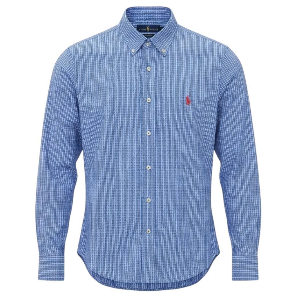 Camisa Ralph Lauren Masculina Azul Celeste Listras Executiva Pony Vermelho