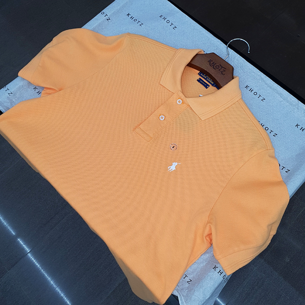 Polo Ralph Lauren Masculina Abóbora Pony Branco Gola Diferenciada