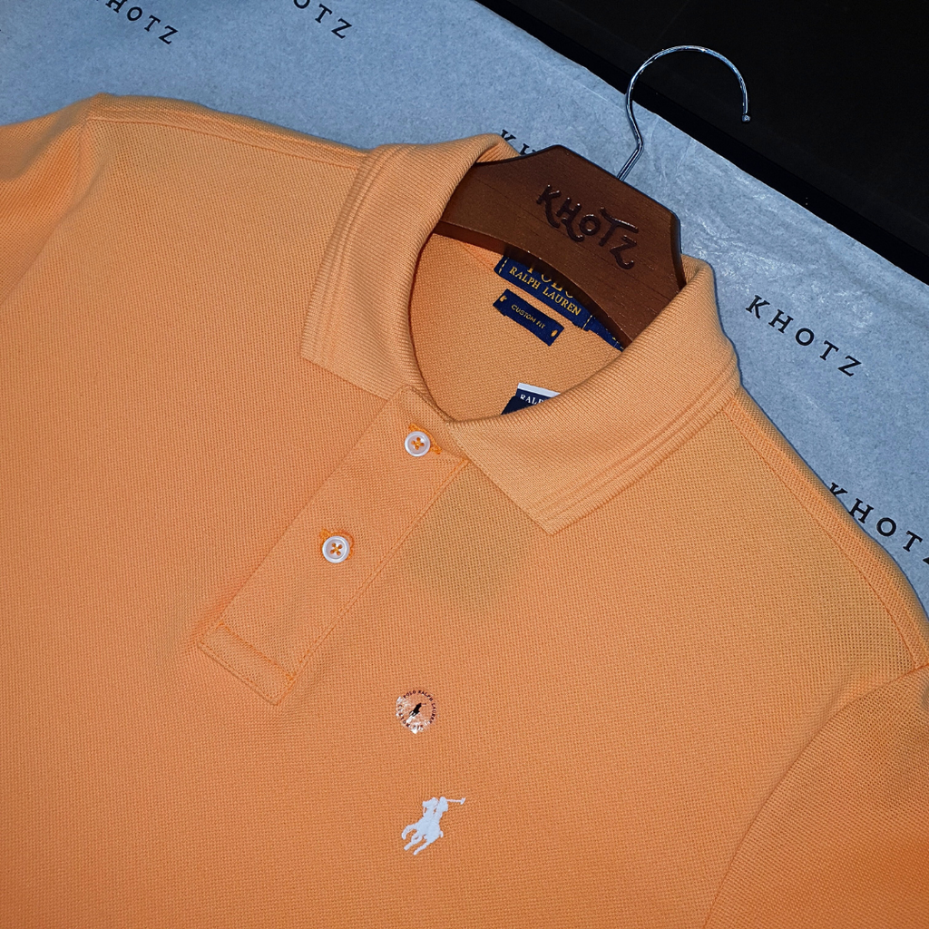 Polo Ralph Lauren Masculina Abóbora Pony Branco Gola Diferenciada