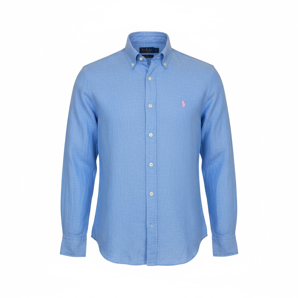 Camisa Ralph Lauren Masculina Linho cor Azul Pony Rosa