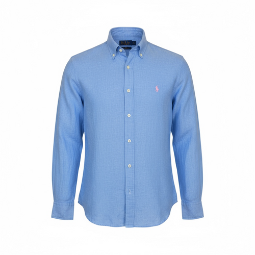 Camisa Ralph Lauren Masculina Linho cor Azul Pony Rosa