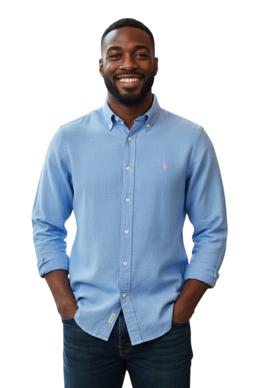 Camisa Ralph Lauren Masculina Linho cor Azul Pony Rosa