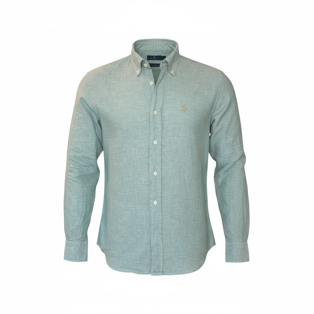 Camisa Ralph Lauren Masculina Linho cor Verde Oliva Pony Dourado