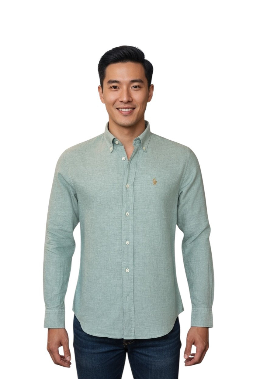Camisa Ralph Lauren Masculina Linho cor Verde Oliva Pony Dourado