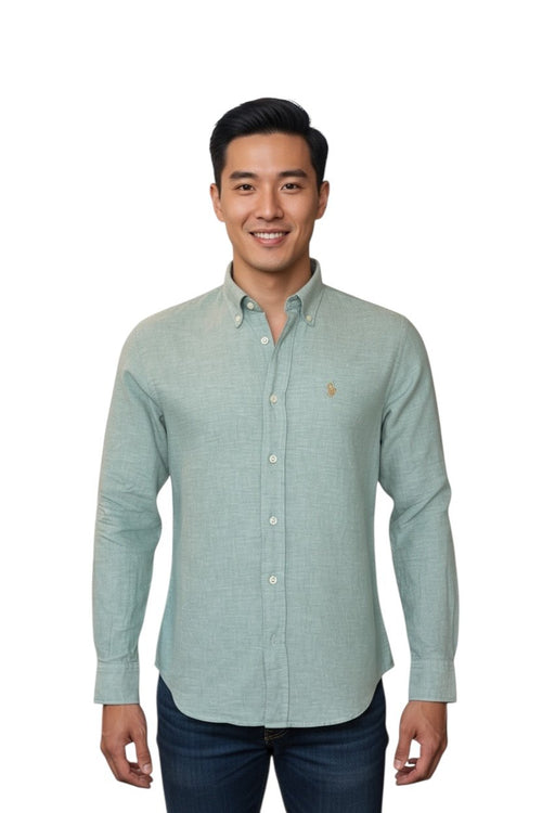 Camisa Ralph Lauren Masculina Linho cor Verde Oliva Pony Dourado