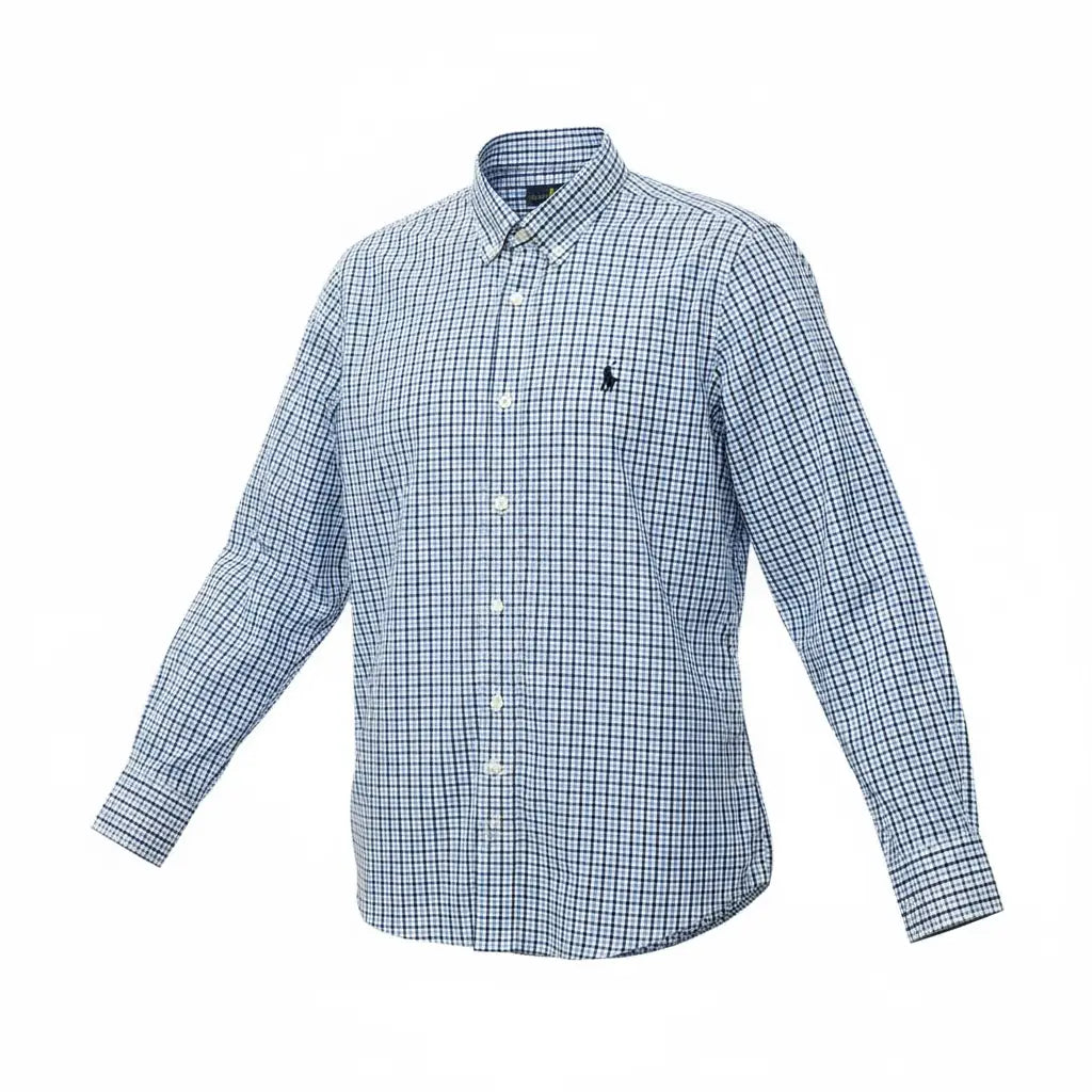 Camisa Ralph Lauren Masculina Micro Xadrez Azul Celeste Pony Preto
