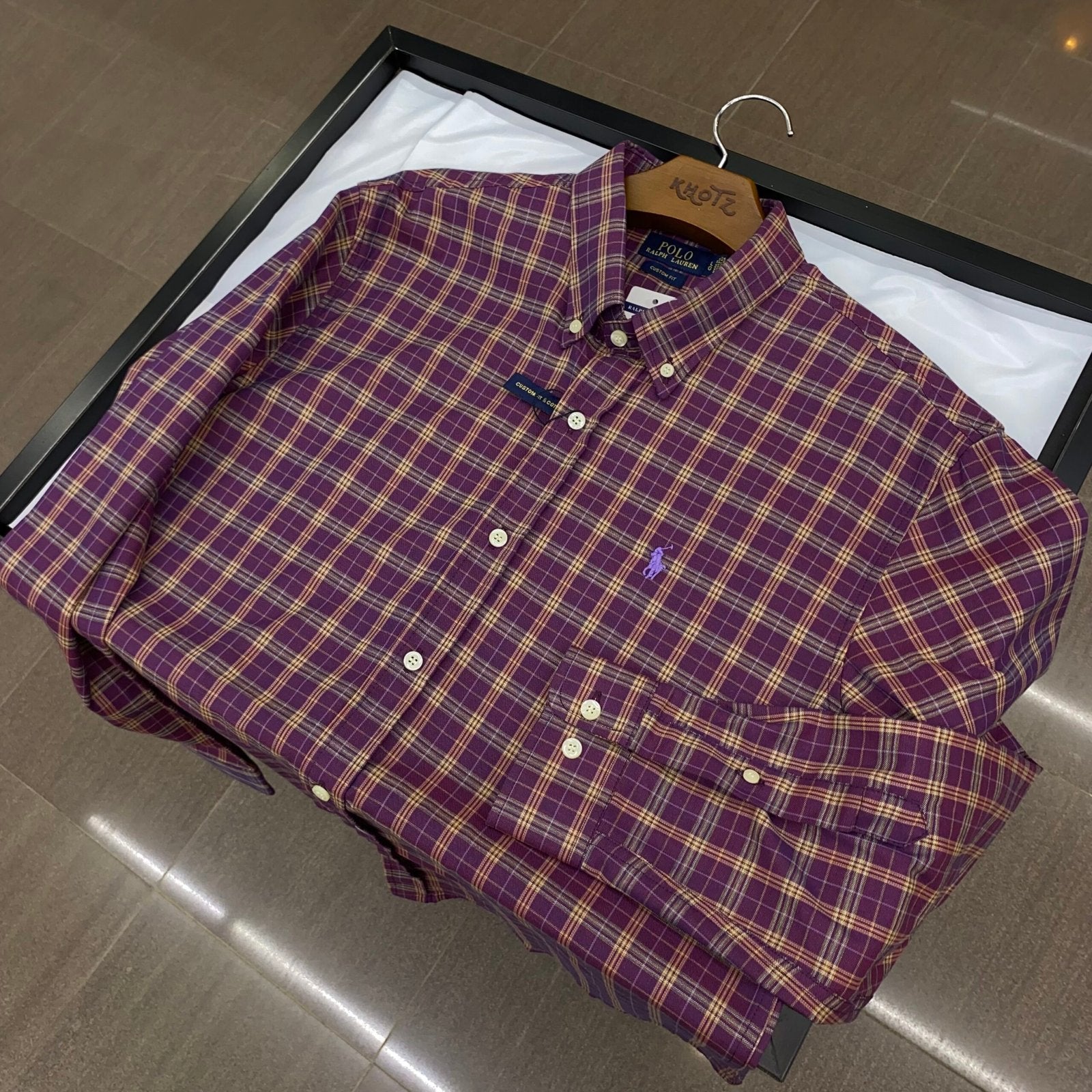 Camisa Ralph Lauren Masculina Oxford Xadrez Invernal Vinho Pony Roxo