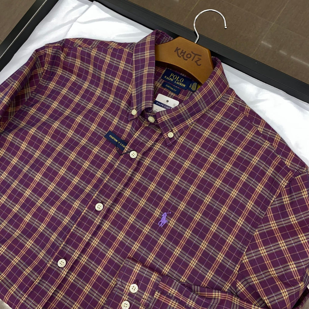 Camisa Ralph Lauren Masculina Oxford Xadrez Invernal Vinho Pony Roxo