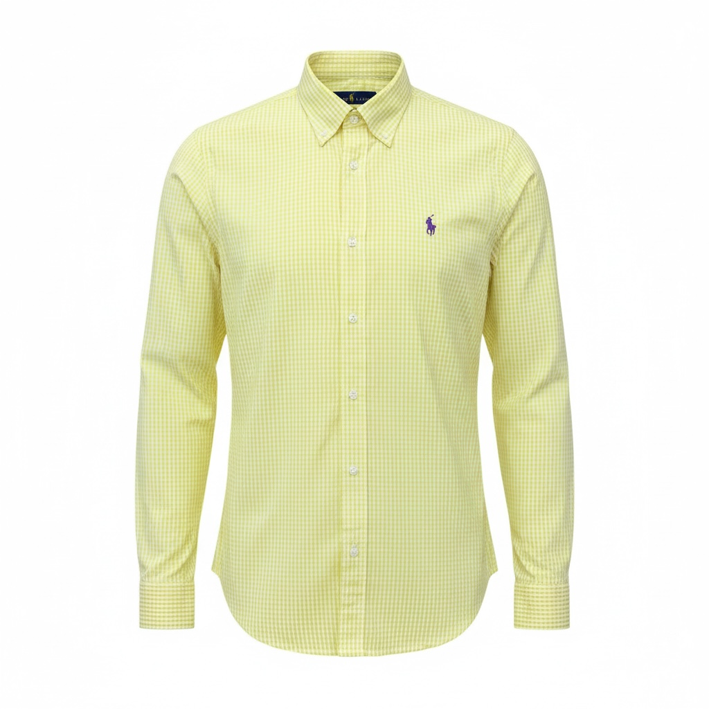 Camisa Ralph Lauren Masculina Micro Xadrez Amarelo Pony Roxo