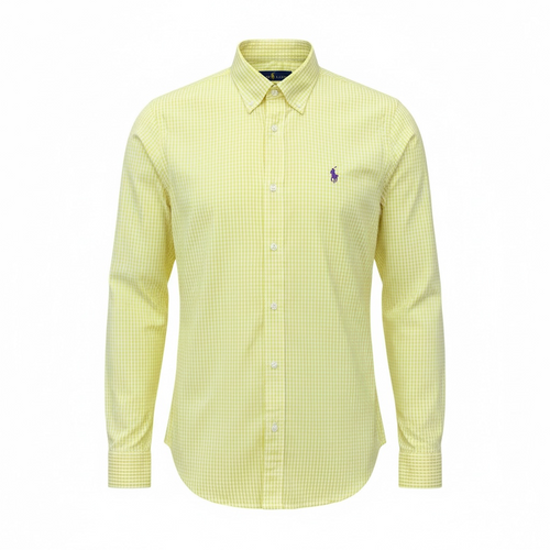 Camisa Ralph Lauren Masculina Micro Xadrez Amarelo Pony Roxo