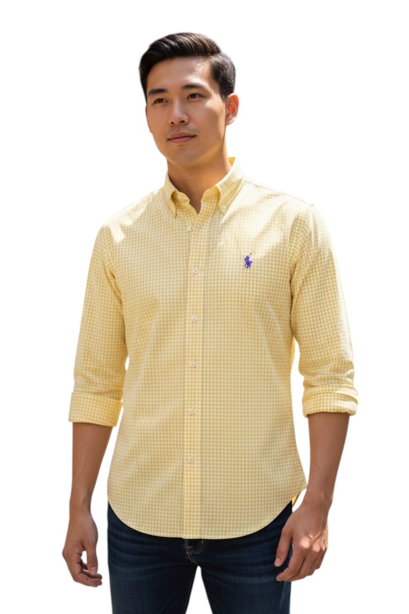 Camisa Ralph Lauren Masculina Micro Xadrez Amarelo Pony Roxo