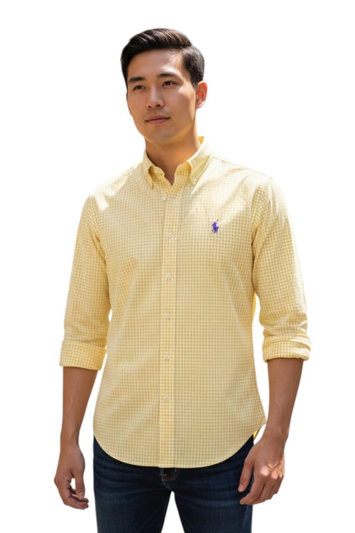 Camisa Ralph Lauren Masculina Micro Xadrez Amarelo Pony Roxo