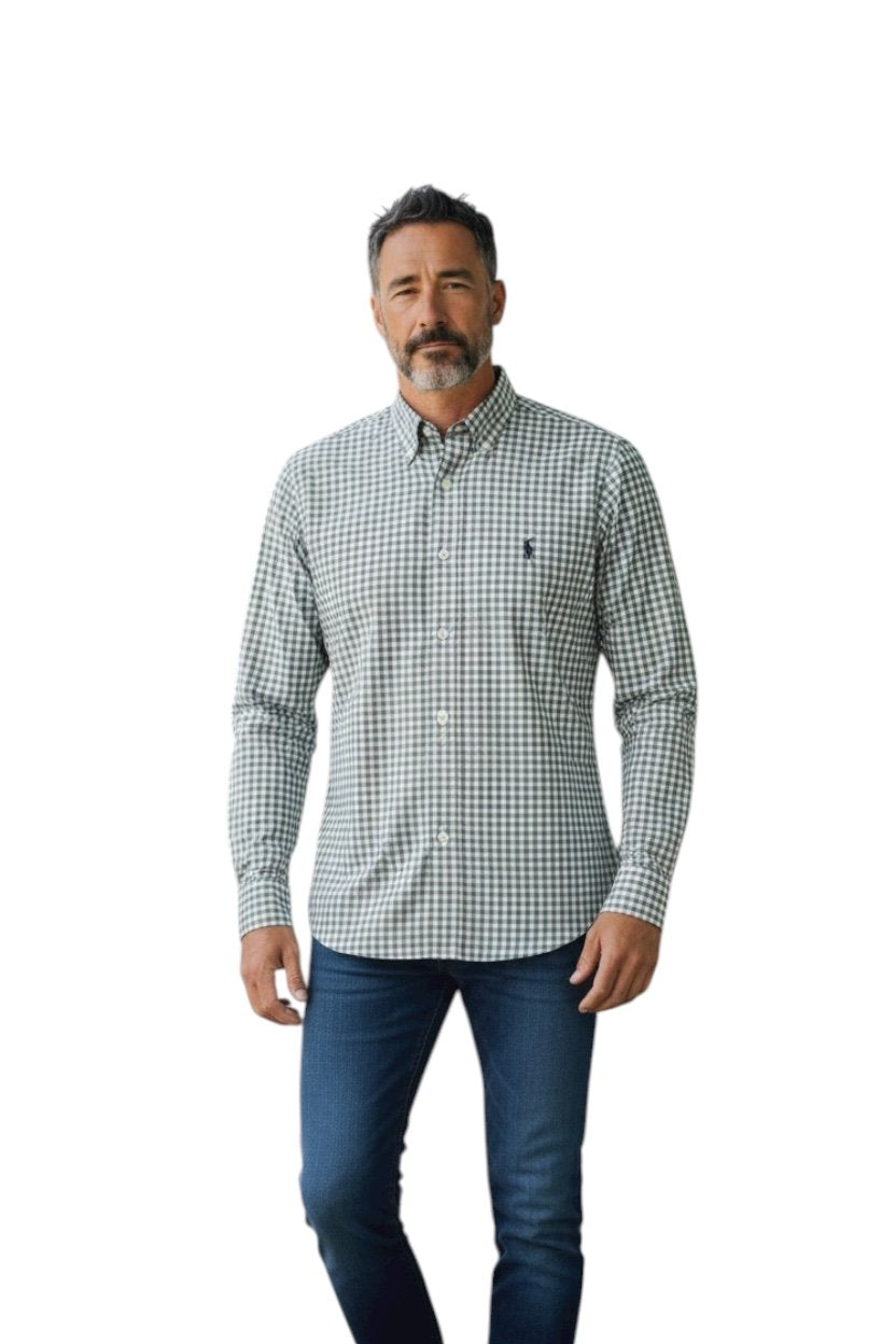Camisa Ralph Lauren Masculina Xadrez Cinzento Pony Chumbo