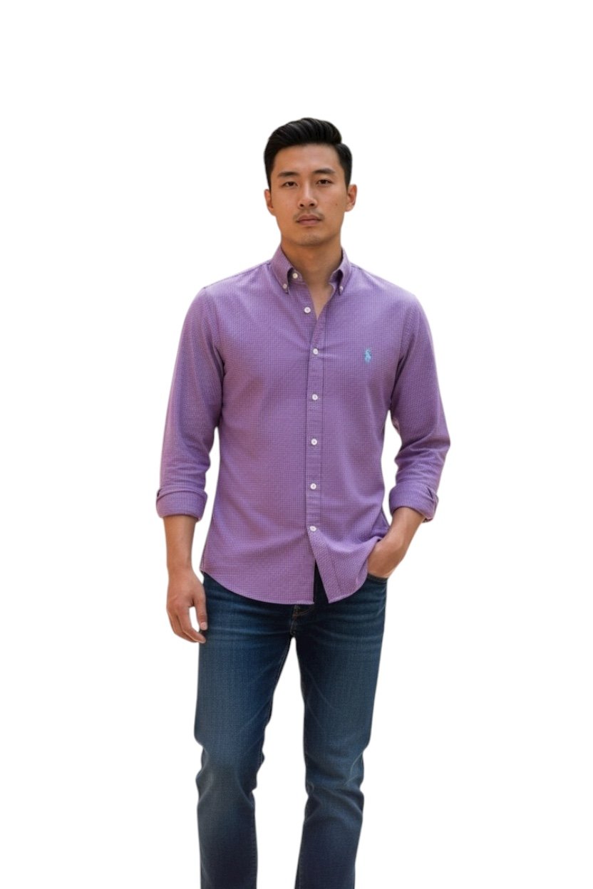 Camisa Ralph Lauren Masculina Micro Xadrez Uva Pony Gelo