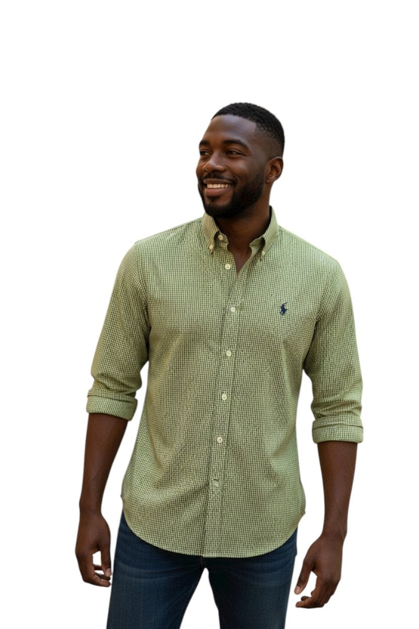 Camisa Ralph Lauren Masculina Micro Xadrez Mostarda Pony Preto