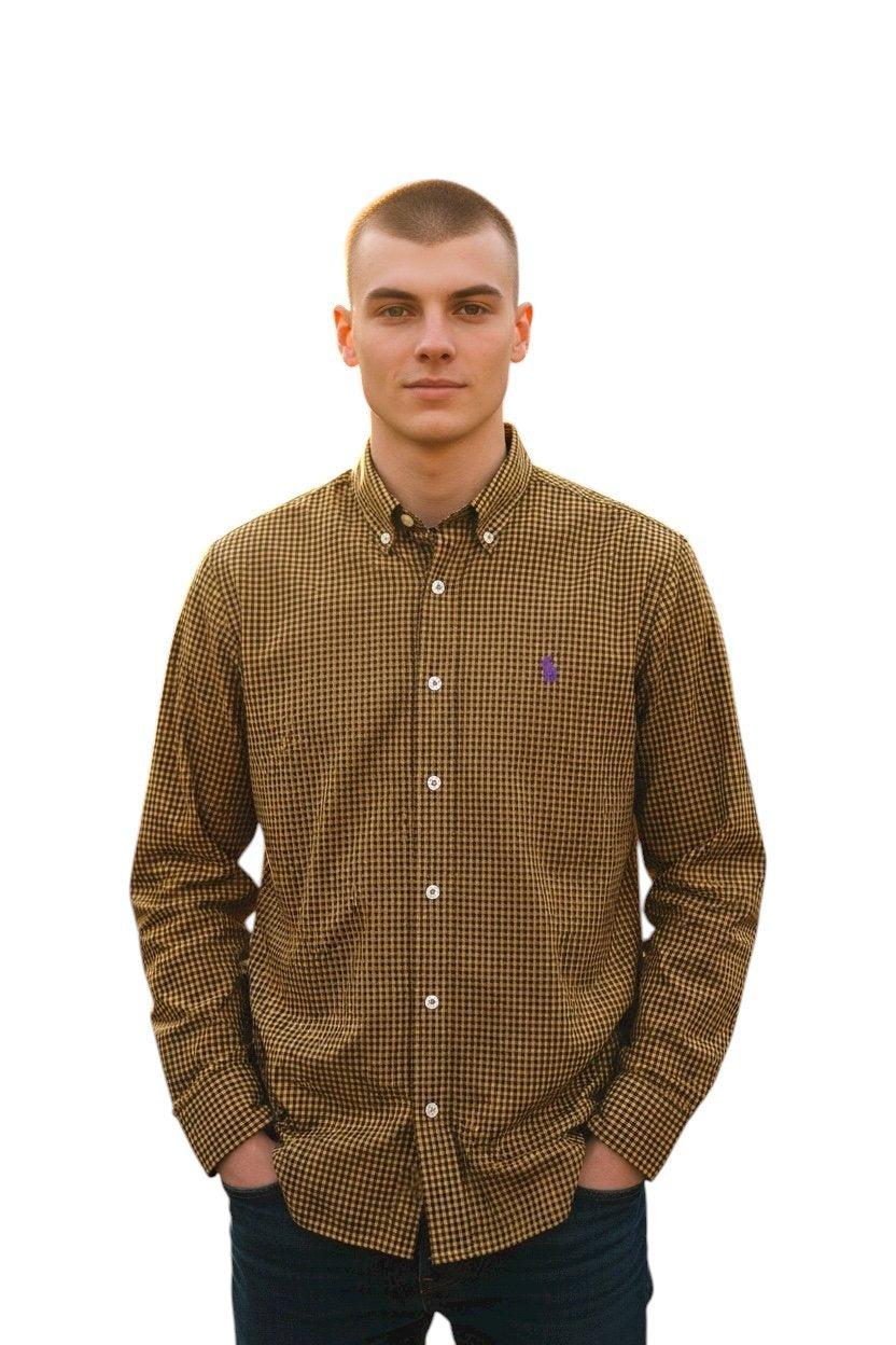 Camisa Ralph Lauren Masculina Micro Xadrez Caramelo Pony Roxo