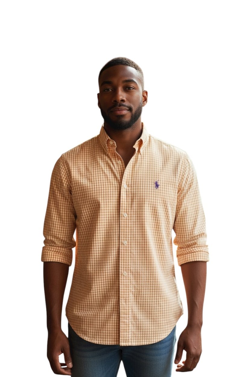 Camisa Ralph Lauren Masculina Micro Xadrez Laranja Pony Roxo
