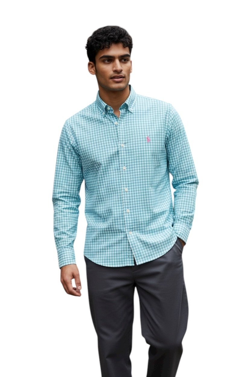 Camisa Ralph Lauren Masculina Xadrez Azul Esmeralda Pony Rosa