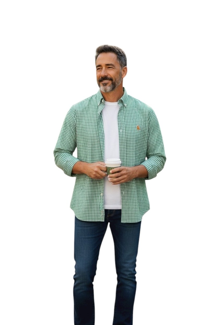 Camisa Ralph Lauren Masculina Xadrez Verde Listras Brancas Pony Laranja