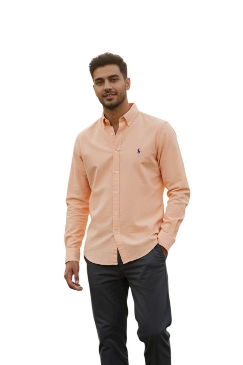 Camisa Ralph Lauren Masculina Oxford Clássico Salmão Pony Azul
