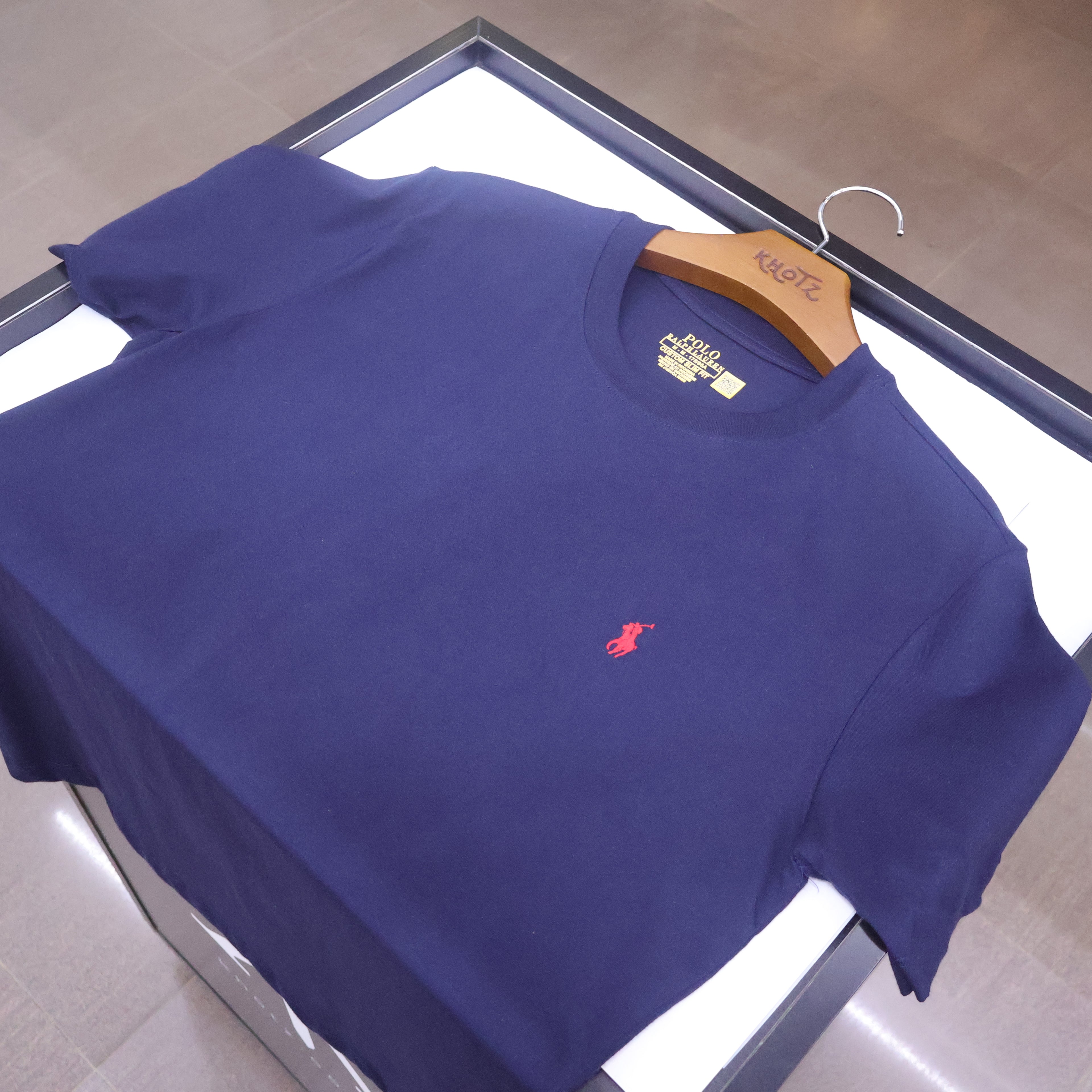 Camiseta Básica Masculina Supima Siliconada Ralph Lauren Marinho Pony Vermelho