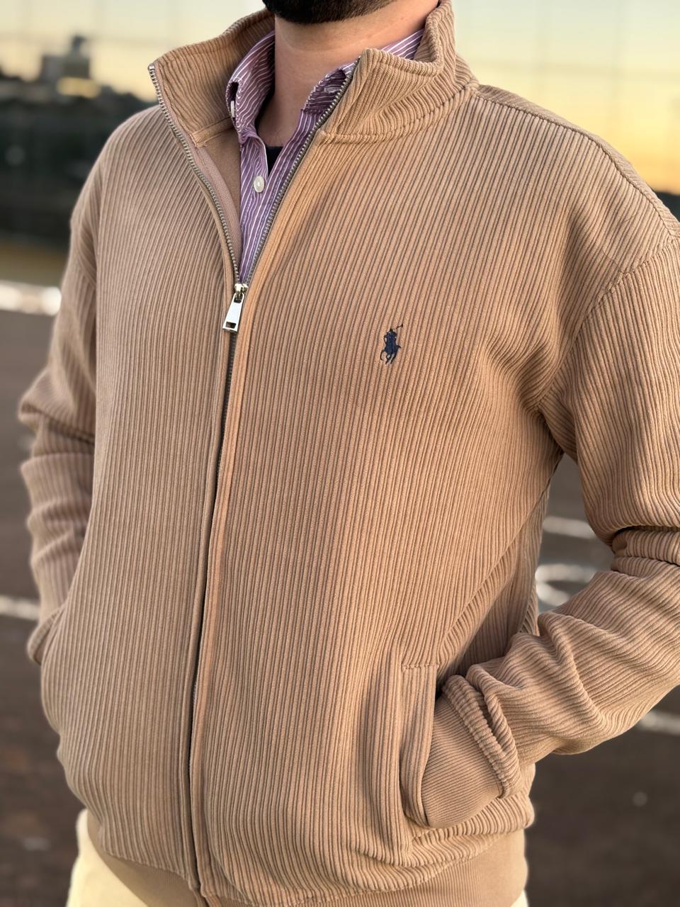 Pulôver Ralph Lauren Masculino Com Zipper Forrado Cor Caramelo Pony Marinho