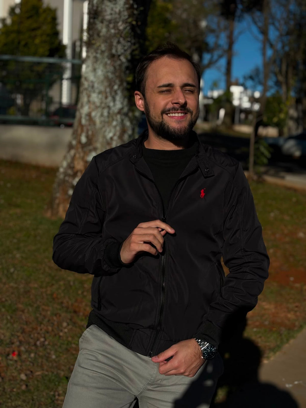 Jaqueta Ralph Lauren Masculina Bomber Ajustada ao Corpo Preta Pony Vermelho
