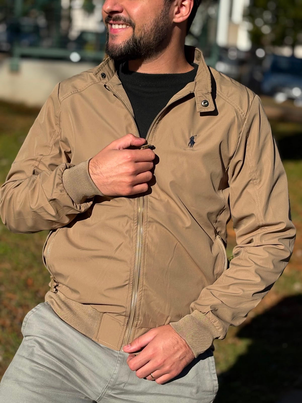 Jaqueta Ralph Lauren Masculina Bomber Ajustada ao Corpo Caramelo Pony Marinho