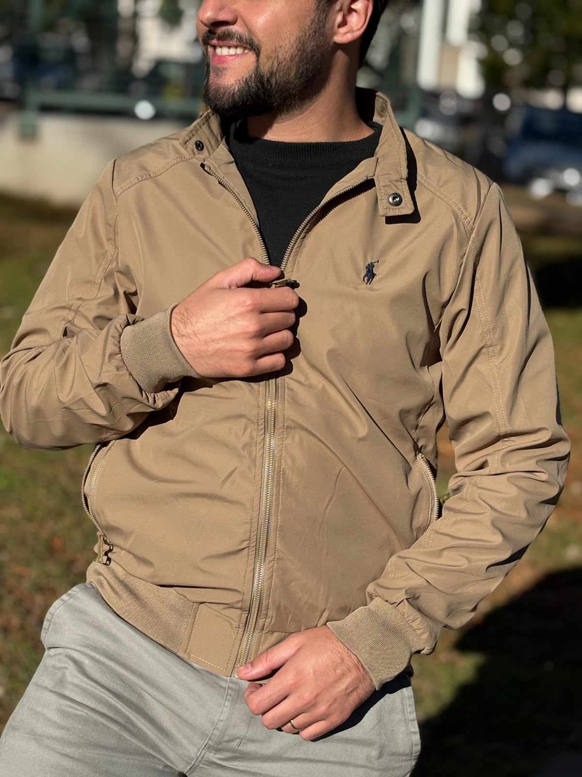 Jaqueta Ralph Lauren Masculina Bomber Ajustada ao Corpo Caramelo Pony Marinho