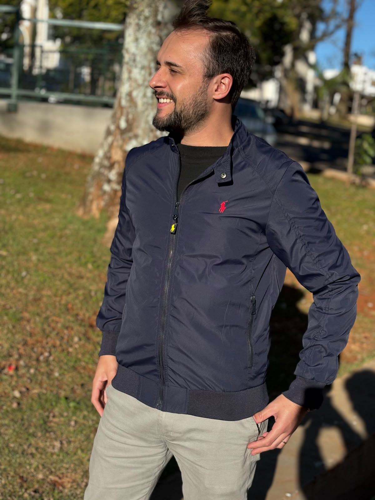 Jaqueta Ralph Lauren Masculina Bomber Ajustada ao Corpo Marinho Pony Vermelho