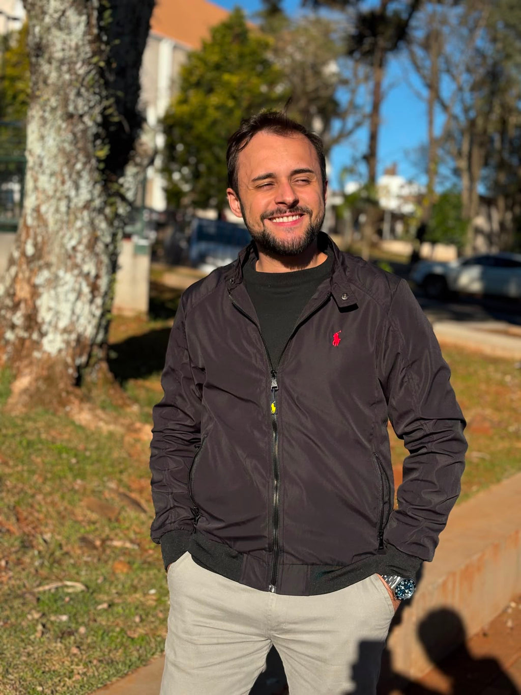 Jaqueta Ralph Lauren Masculina Bomber Ajustada ao Corpo Preta Pony Vermelho