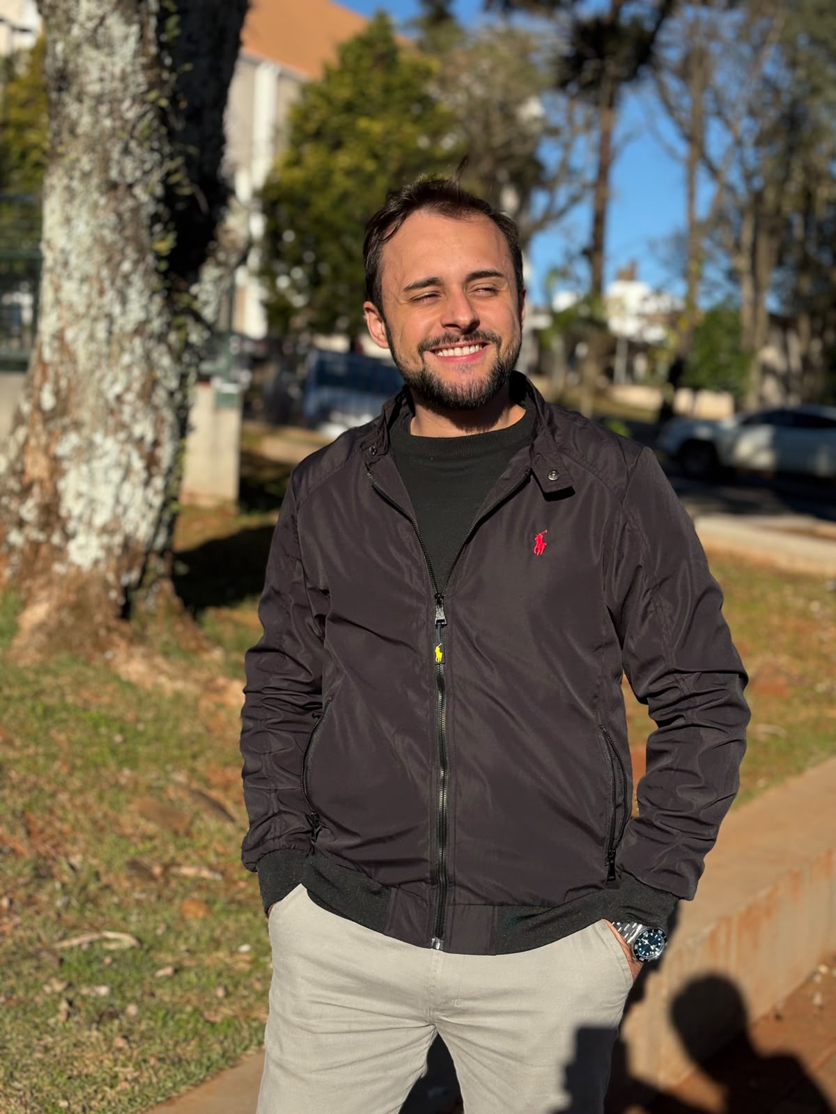 Jaqueta Ralph Lauren Masculina Bomber Ajustada ao Corpo Preta Pony Vermelho