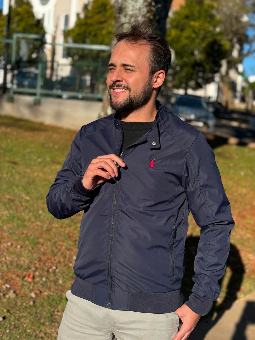 Jaqueta Ralph Lauren Masculina Bomber Ajustada ao Corpo Marinho Pony Vermelho