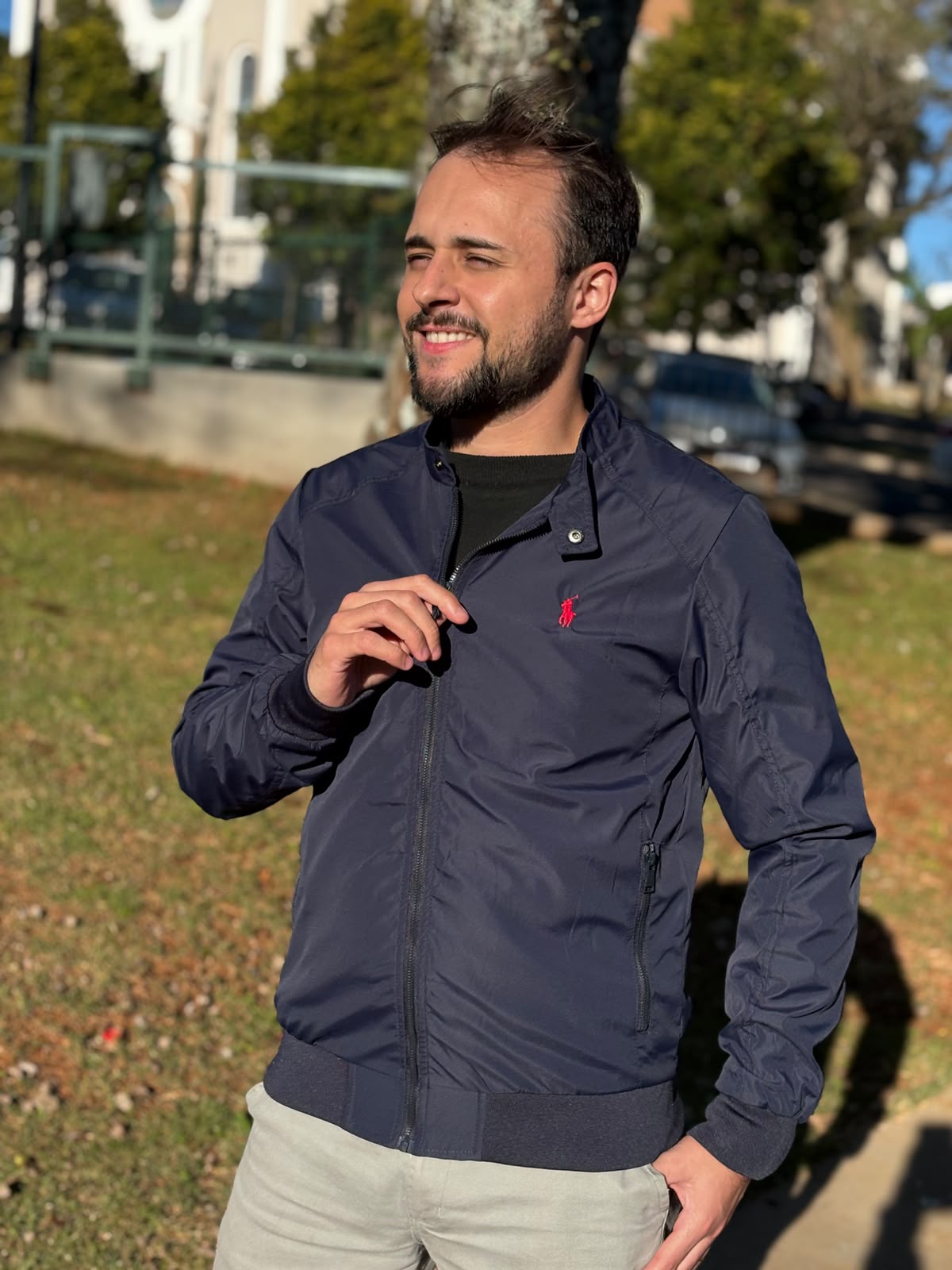 Jaqueta Ralph Lauren Masculina Bomber Ajustada ao Corpo Marinho Pony Vermelho