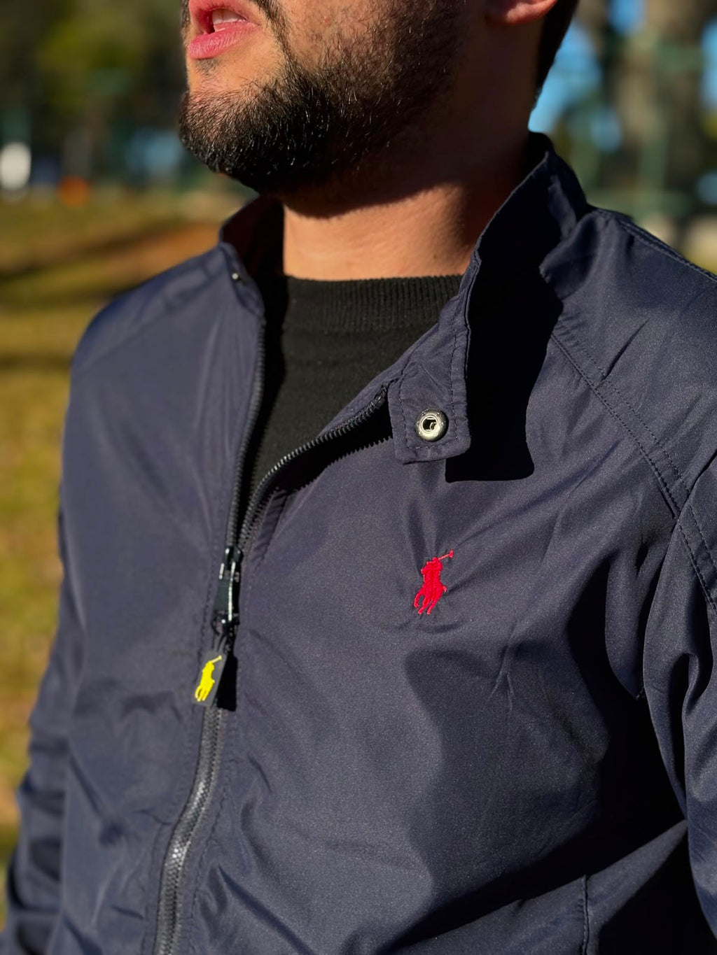 Jaqueta Ralph Lauren Masculina Bomber Ajustada ao Corpo Marinho Pony Vermelho