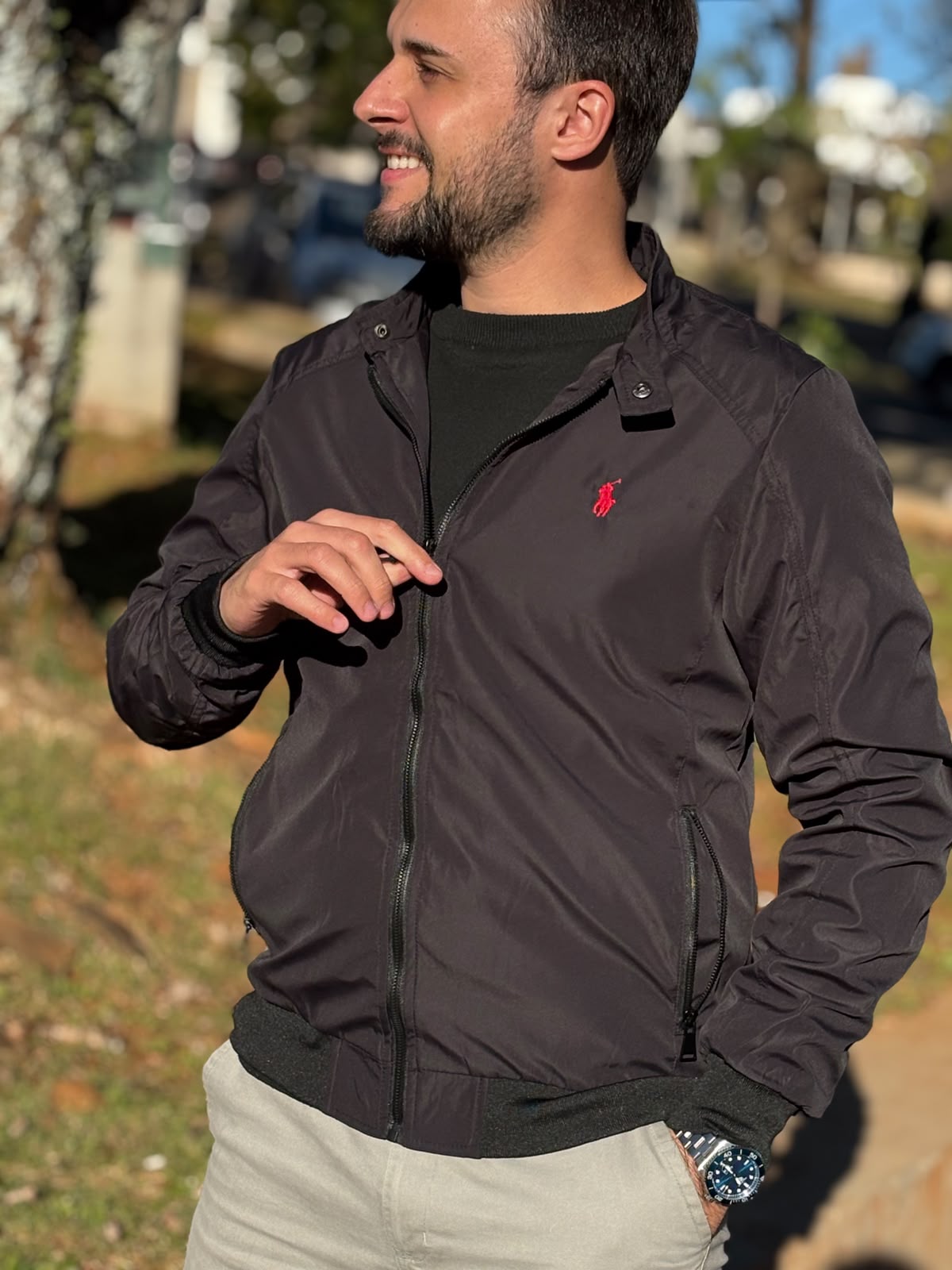 Jaqueta Ralph Lauren Masculina Bomber Ajustada ao Corpo Preta Pony Vermelho