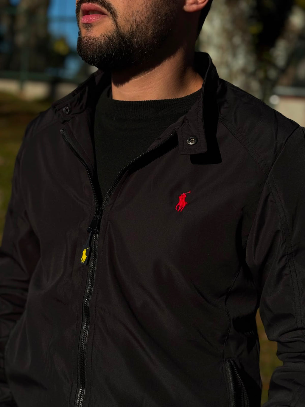 Jaqueta Ralph Lauren Masculina Bomber Ajustada ao Corpo Preta Pony Vermelho
