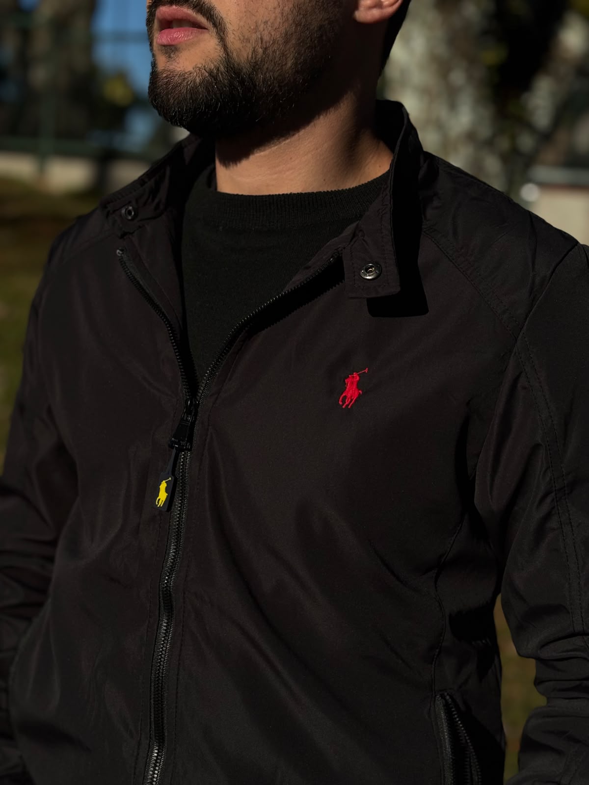 Jaqueta Ralph Lauren Masculina Bomber Ajustada ao Corpo Preta Pony Vermelho