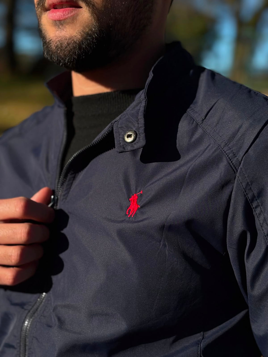 Jaqueta Ralph Lauren Masculina Bomber Ajustada ao Corpo Marinho Pony Vermelho