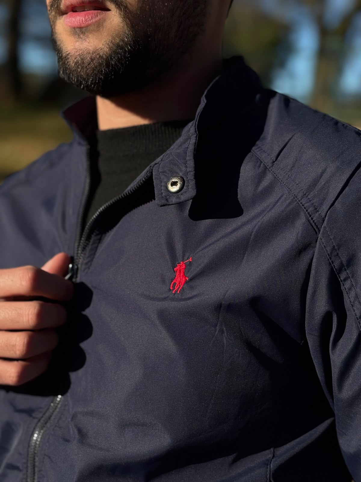 Jaqueta Ralph Lauren Masculina Bomber Ajustada ao Corpo Marinho Pony Vermelho