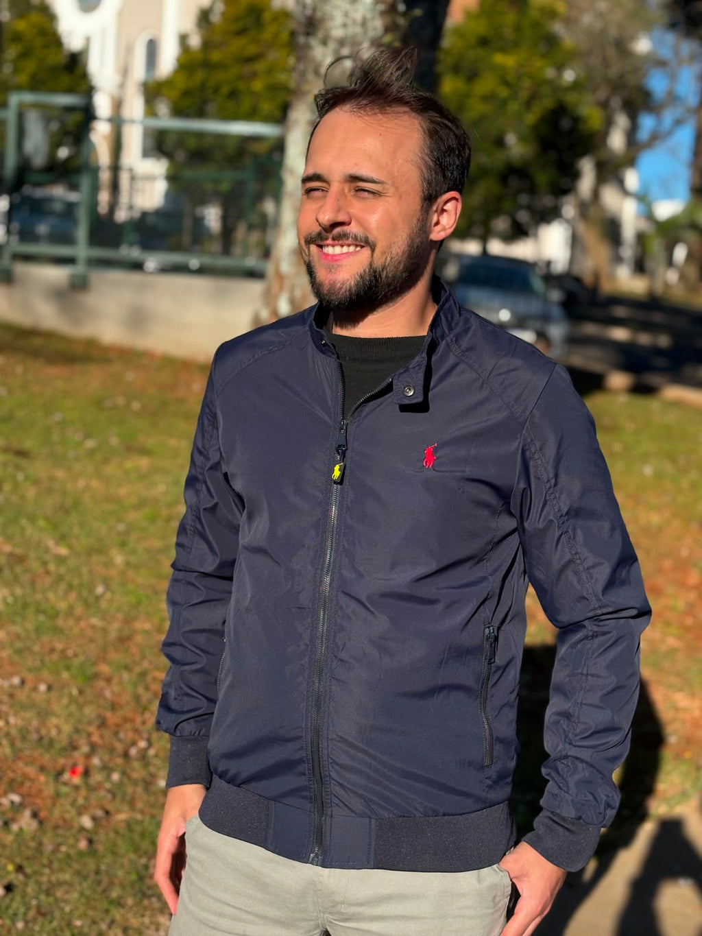 Jaqueta Ralph Lauren Masculina Bomber Ajustada ao Corpo Marinho Pony Vermelho