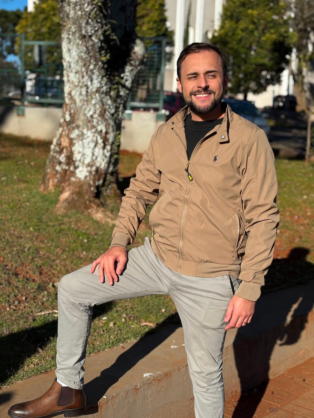 Jaqueta Ralph Lauren Masculina Bomber Ajustada ao Corpo Caramelo Pony Marinho